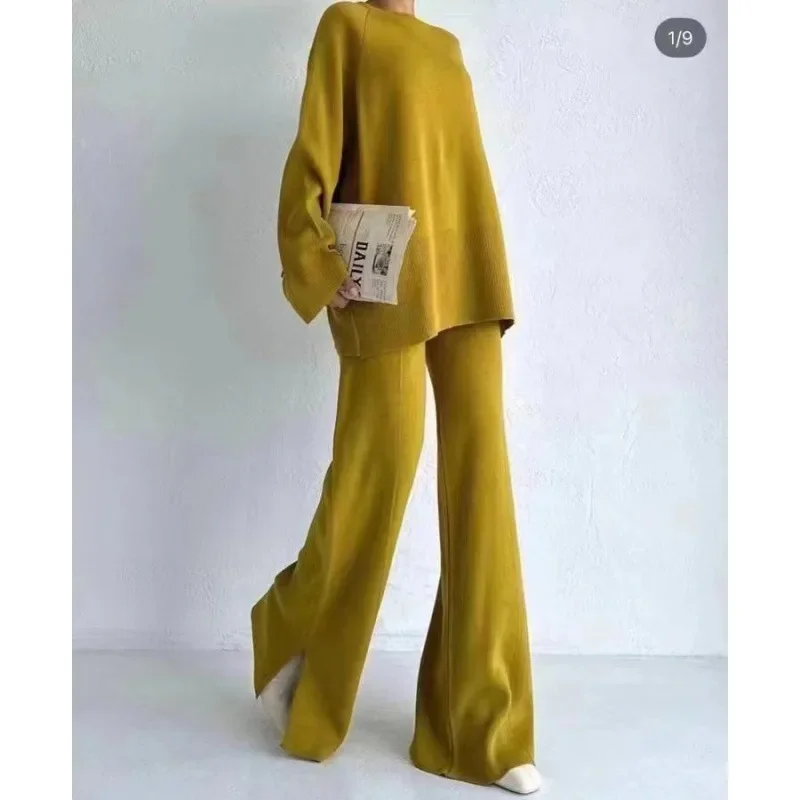 Вязаный свитер с расклешенными рукавами комплект длинных брюк свободный брюки