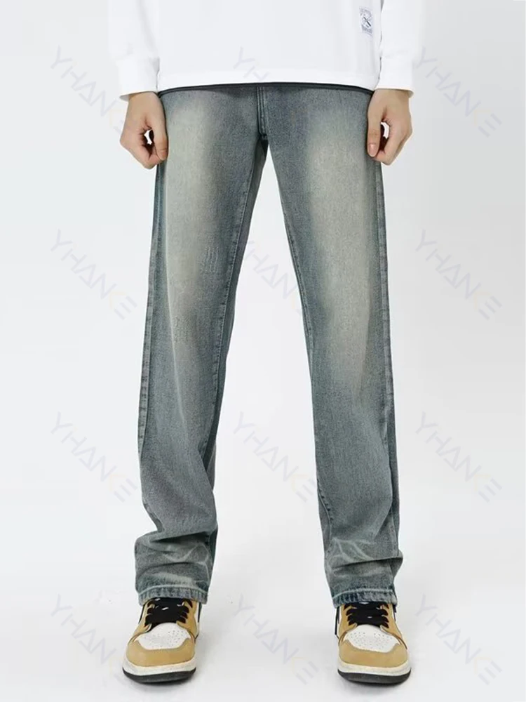 Four Seasons Men Jeans Antique Jeans Beard Effect Washed Straight Tube Denim Jeans Motorcycle Jeans Street Costume Ins Hot Sale