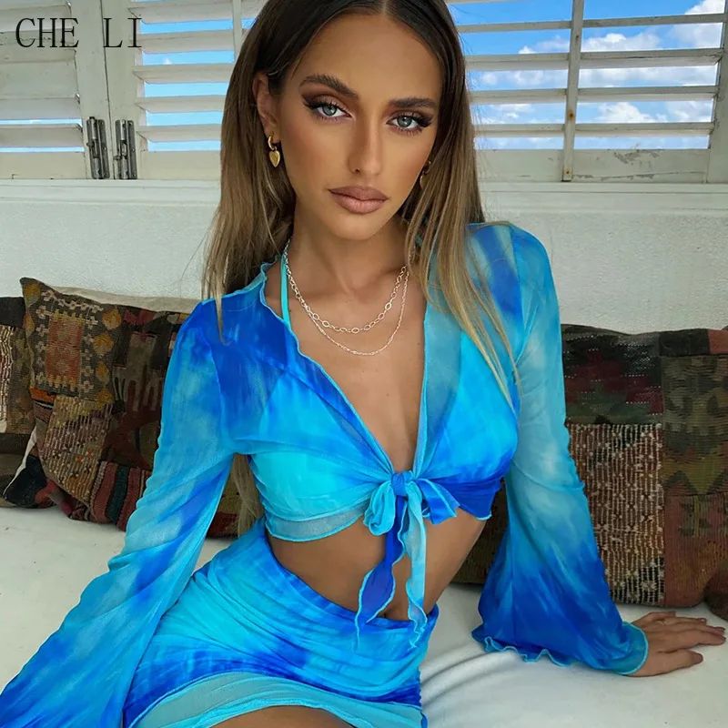 

Fashion Tie Dye Mesh Skirt Summer Women's Print Sexy Navel Flare Sleeve Beach Short Skirt Two Piece Set