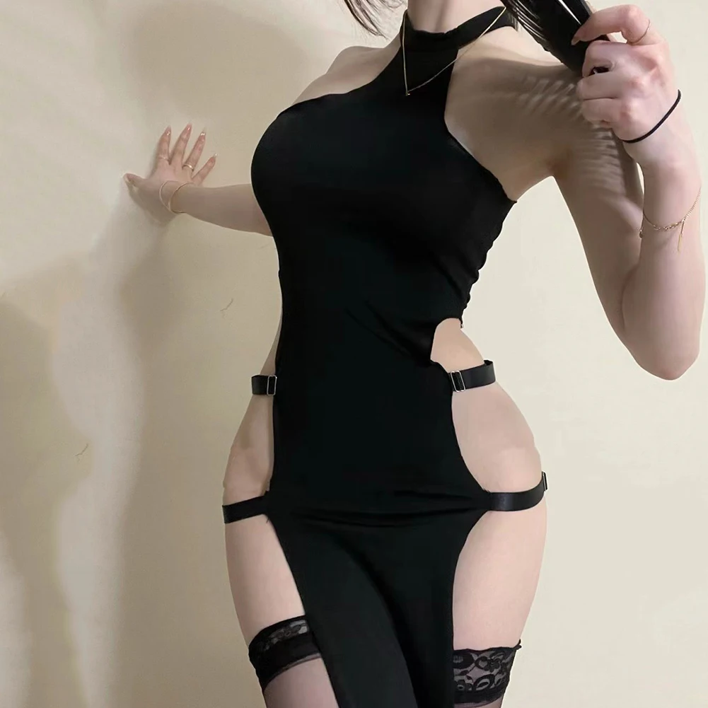 

Sexy Women Dress Hanging Neck High Waist Underwear Double Split Long Nightdress Elastic Elegant Cheongsam Hollow Erotic Wear
