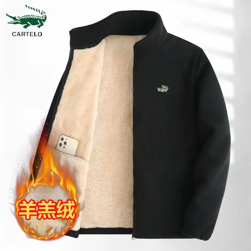 CARTELO New High Quality Fleece Jacket Men's Autumn Winter Windproof Warm Stand Collar Embroidered Jacket Outdoor Cold Proof Top