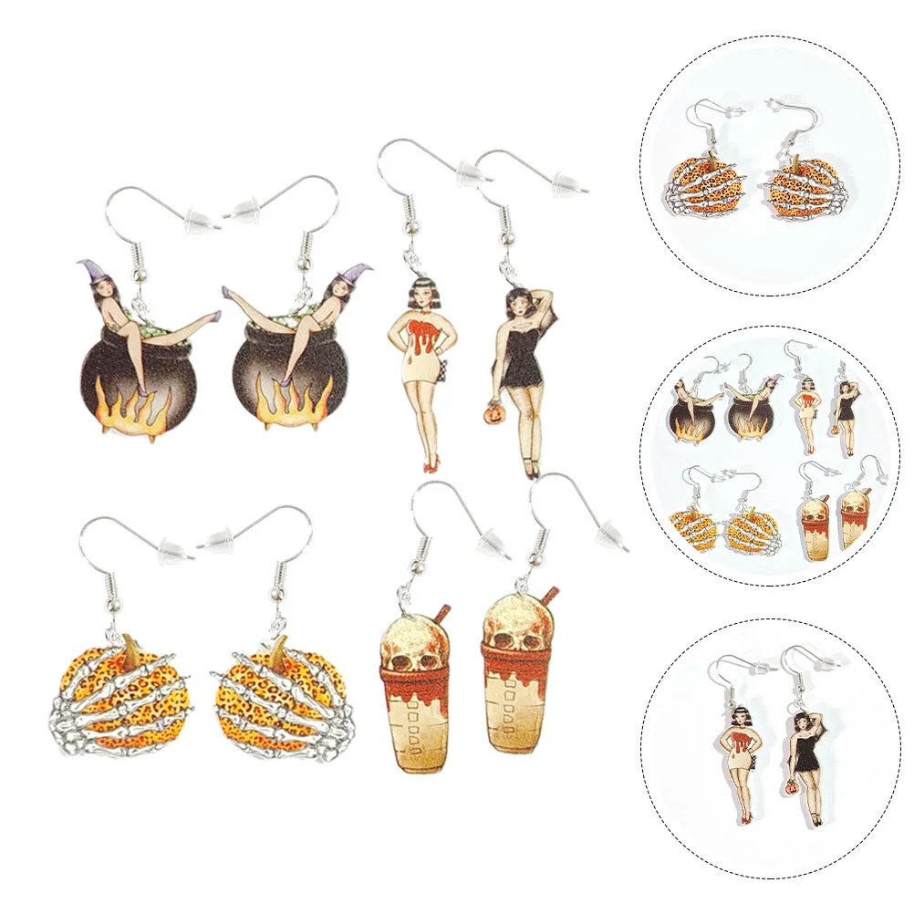 

4 Pairs Halloween Mugs Decorative Earrings Jewelry Acrylic Pumpkin Girl Drop Miss Pendant