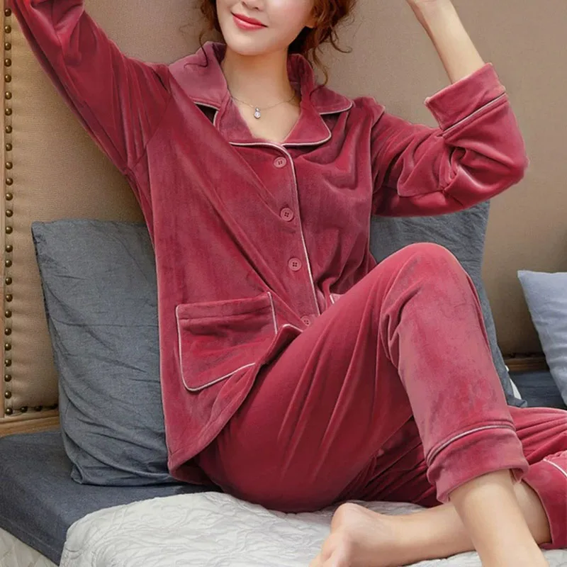 Flannel Pajamas Set Women Winter Warm Single Breasted Pyjamas Long Sleeve Soft Comfortable Sweet Elegant Woman Sleepwear Thicker