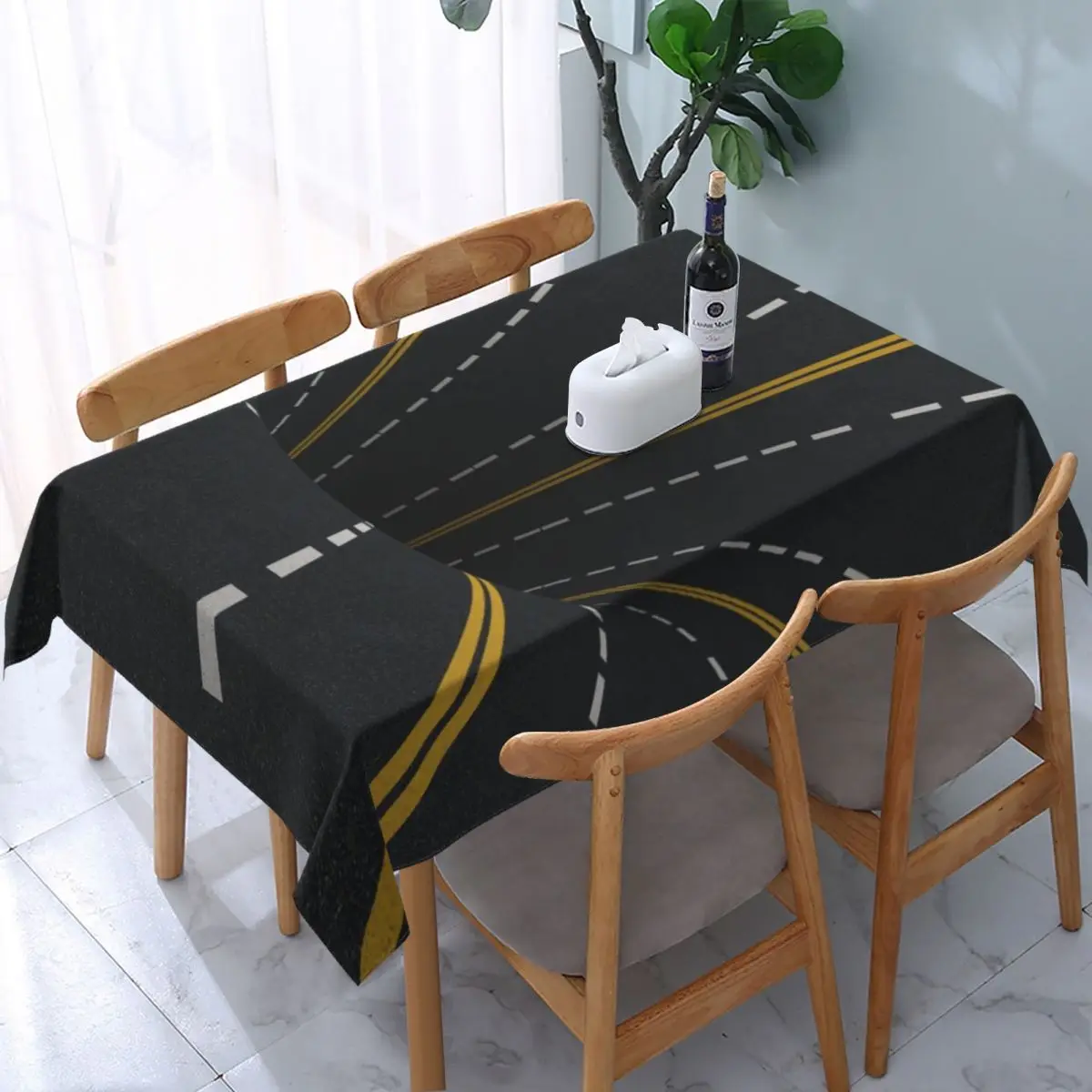 

Rectangular Waterproof Optical Illusion Highway Road Lines Tablecloth Elastic Edge Table Covers Black Hole Abstract Table Cloth