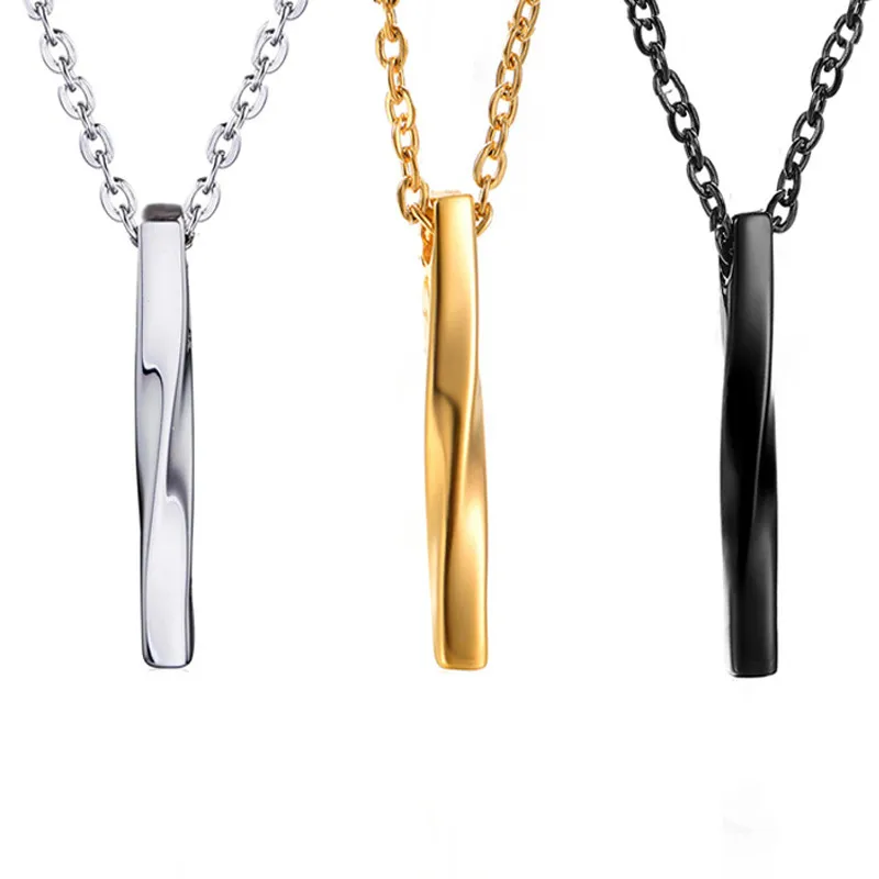 

New Novelty Square Twisted Column Pendant Necklace for Men Women Gifts Stainless Steel Couples Jewelry Gold Black Color