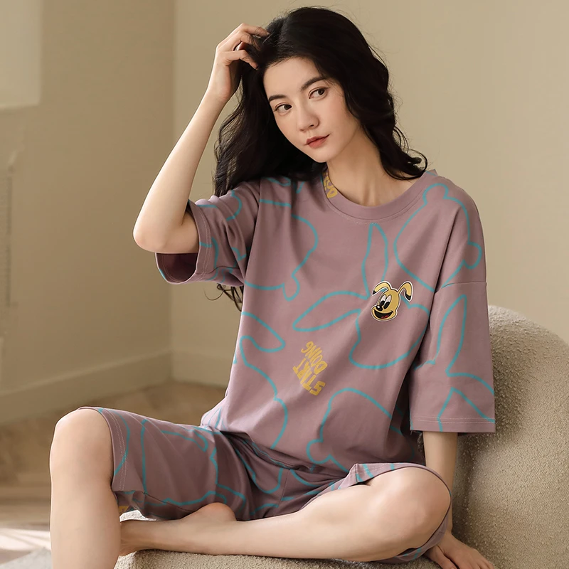 Pajamas women's summer short-sleeved cropped pants Korean style casual cute two-piece thin section outerwear home service suit