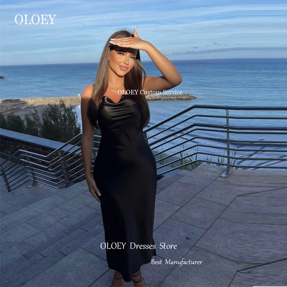 

OLOEY Simple Black Silk Beach Evening party Dresses Spaghetti Straps Mid Calf Prom Dress Dubai Arabic Event Formal Gowns