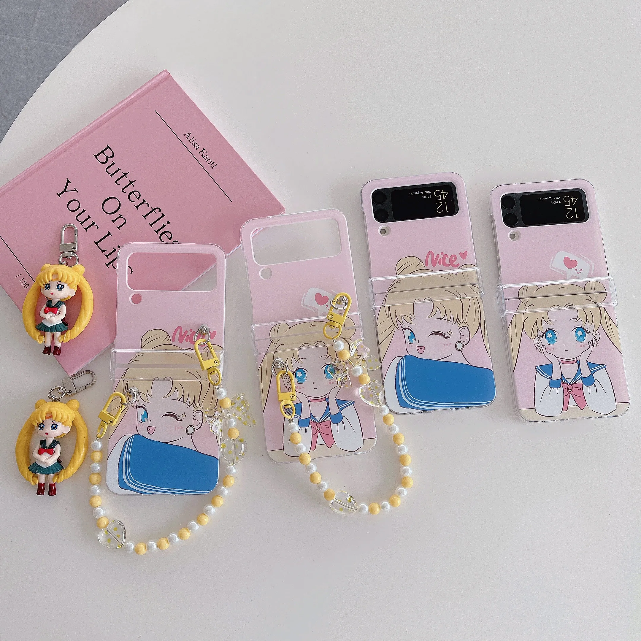 

Sailors Moons With Pendant 3D Doll Hand Chain Phone Case For Samsung Galaxy Z Flip 3 4 5G ZFlip3 ZFlip4 Flip3 Flip4 Cover