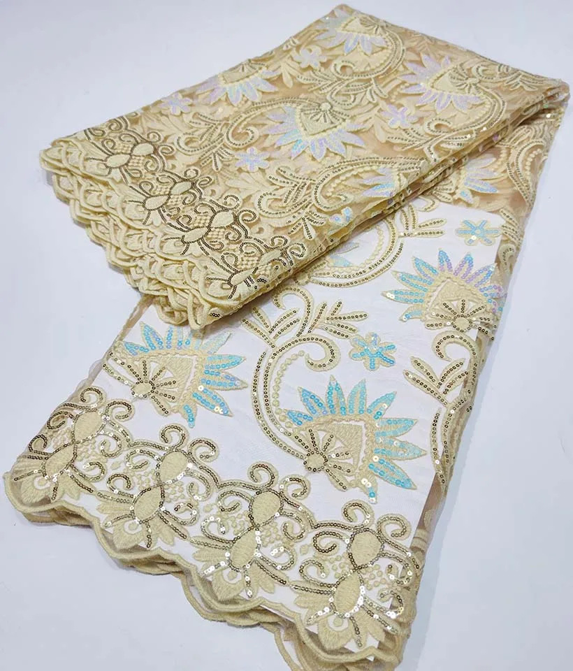 

Shiny Sequins Material African Mesh Lace Fabric 2022 High Quality Lace Fabric 5 Yards, Latest Net Nigerian Lace Fabric For Dress