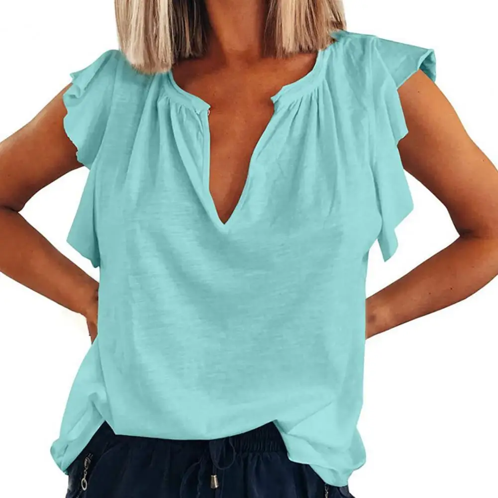 

Women Fashion Solid Color V Neck Short Ruffled Sleeve Loose T-shirt V-Neck Pullover Pure Color Ruffle Sleeve Casual Female Tops