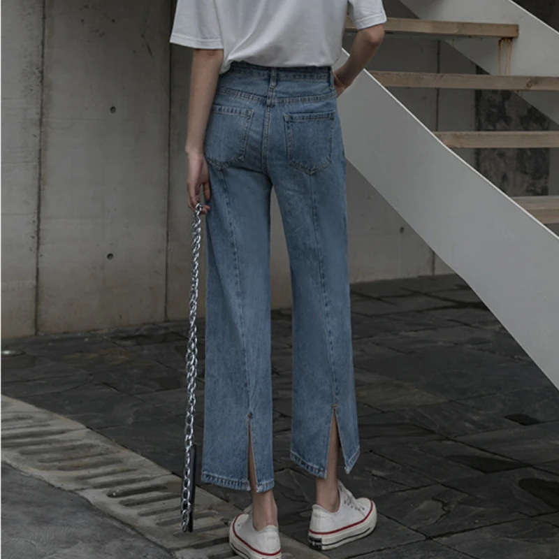 Women's Straight Loose Loose 2023 New Wide-leg Ninth Pants Fall Back Slit High Waist Blue Jeans Summer Female New Solid Trouser