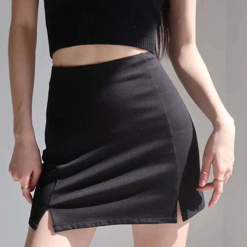 

Vintage Sexy Side Slits Slim All-match Black Short Skirt High Waist Elastic Short Package Hip Skirt Half-length Skirt Female
