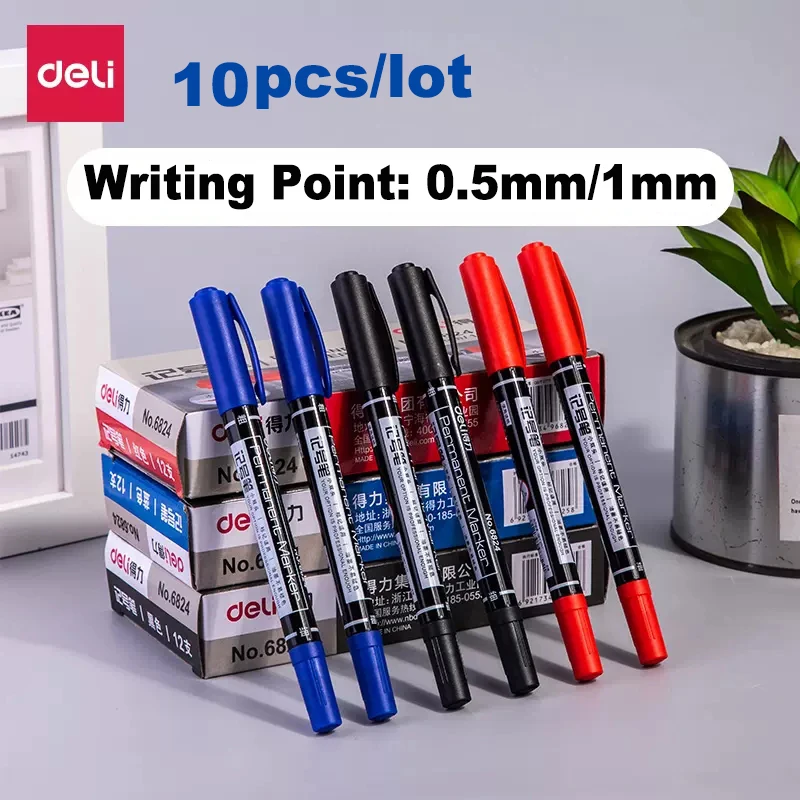 Deli 10pcs/lot Permanent Marker Pen Multicolor Dual Tip 0.5/1.0 mm Nib Black Blue Red Ink Fine Point Waterproof Art Marker Pens