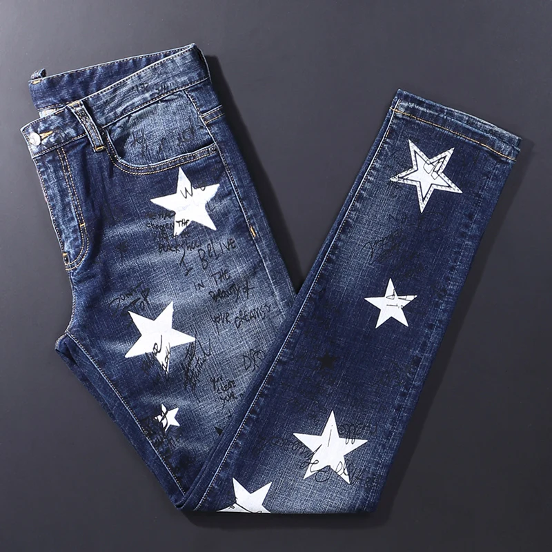 Street Fashion Men Jeans Retro Blue Elastic Printed Skinny Ripped Jeans Men Stars Painted Designer Hip Hip Brand Pants Hombre