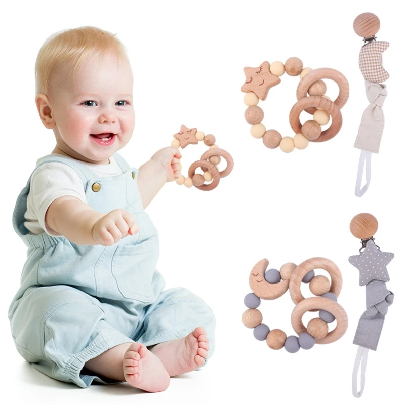 

2Pcs Baby Wooden Toys Infant Teething Toy Pacifier Clip Rattle Game Newborn Sensory Gift for Christmas Birthday Shower
