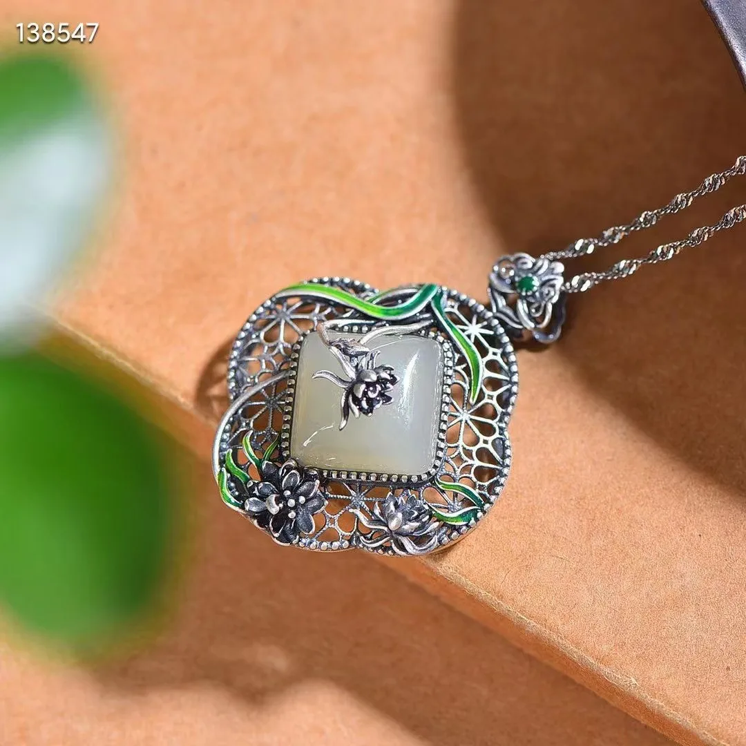 Женское ожерелье из серебра 100% пробы с мозаикой белого нефрита