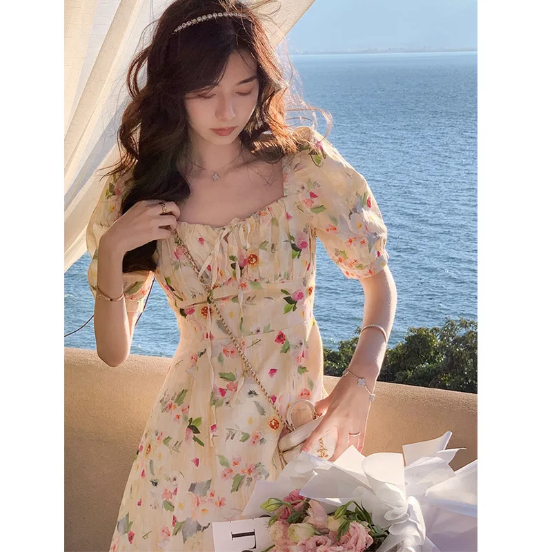 

Ramie Dress Floral Dress for Women 2022 Summer New French Style Retro Short Sleeve Square Collar Long Fashion