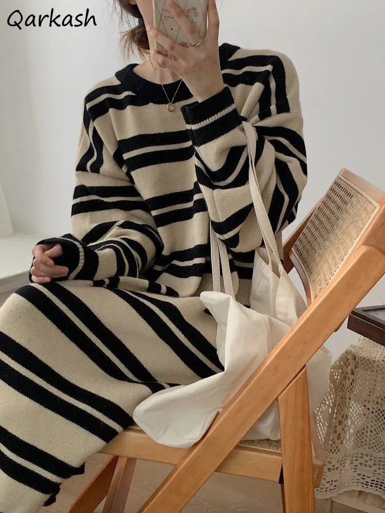 

Long Sleeve Midi Dress Women Vintage Striped Loose M-3XL Students Harajuku Y2k All-match Simple Basic New Autumn Chic Fashion
