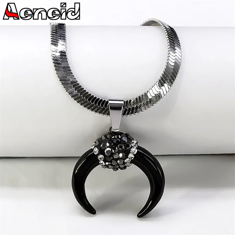 Купи Vintage Black Obsidian Ox Horn Crescent Moon Pendant Necklace for Women Men Stainless Steel Snake Chain Necklace Jewelry Gifts за 293 рублей в магазине AliExpress