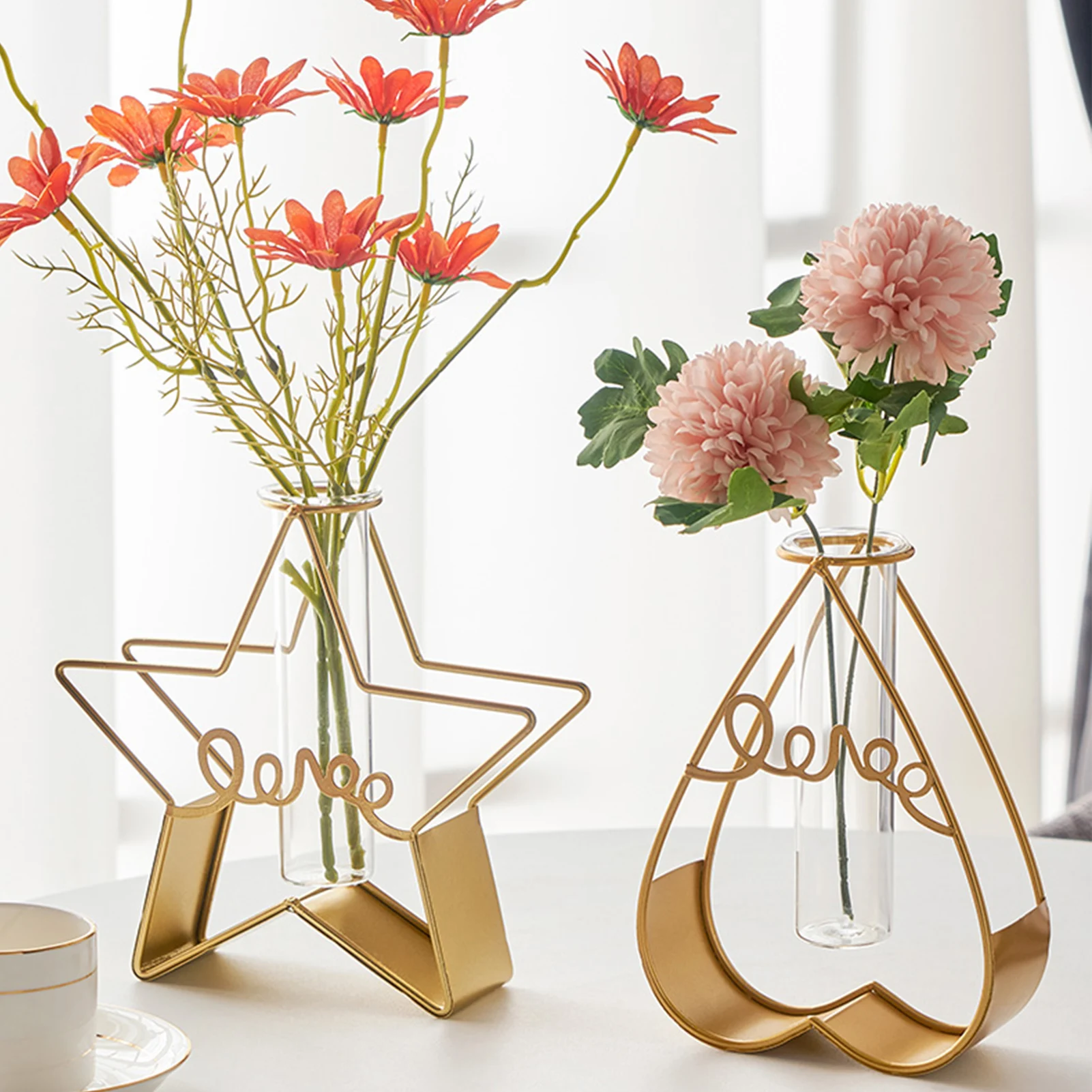 

Golden Glass Vase Hydroponic Plant Flower Vase Iron Geometric Glass Test Tube Metal Plant Holder Modern Home Wedding Decoration