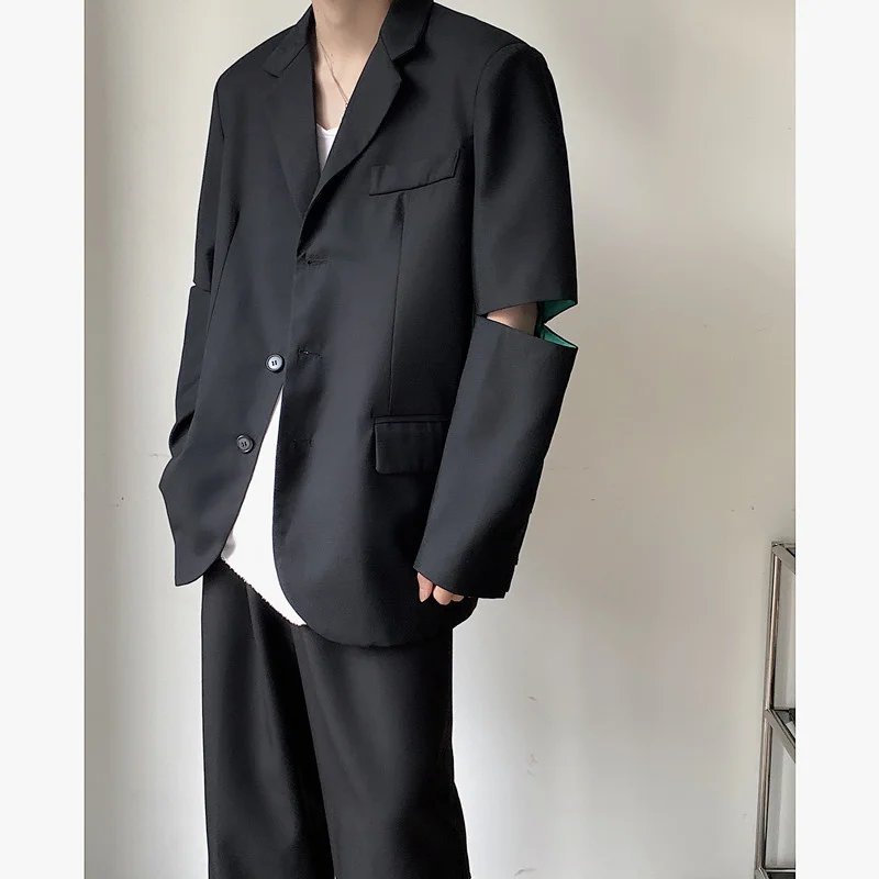 Summer Black Blazer Men Fashion Society Mens Dress Jacket Korean Loose Casual Ripped Suit Jacket Mens Formal Jacket M-XL