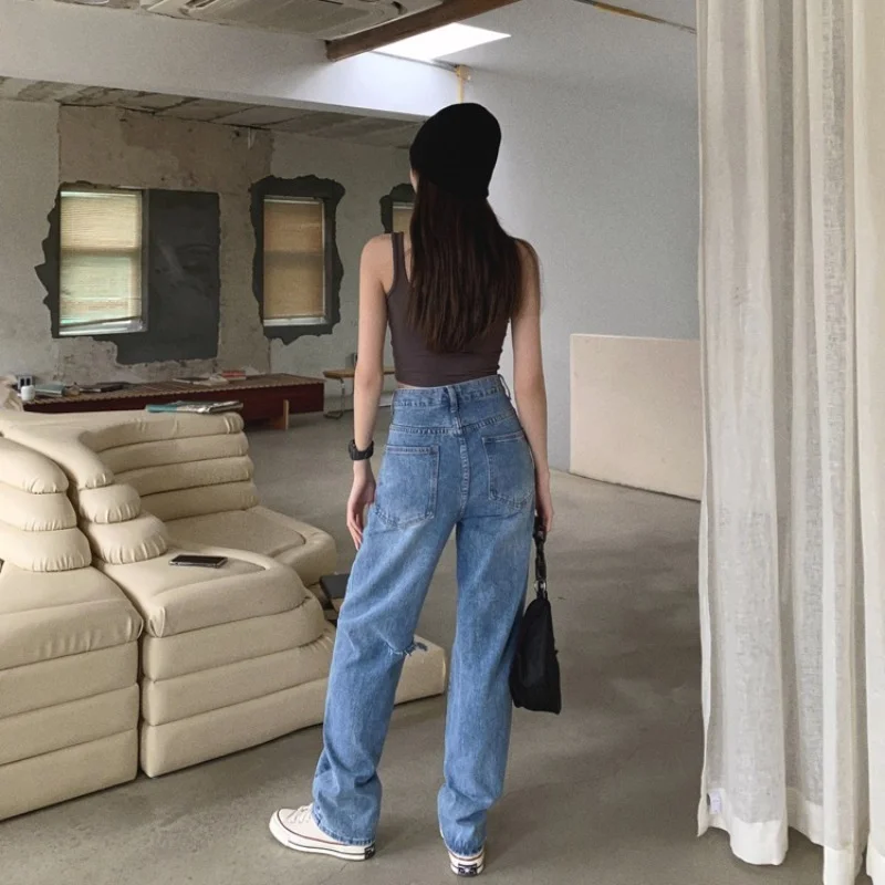 2021 New Summer Women High Waist Straight Jeans Street Style Casual Ripped Hole Jeans Female Blue Washed Loose Pop Denim Pants