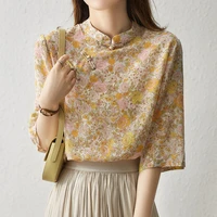 2022 summer new chinese retro buttoned three quarter sleeve top womens chiffon elegant printed loose shirt