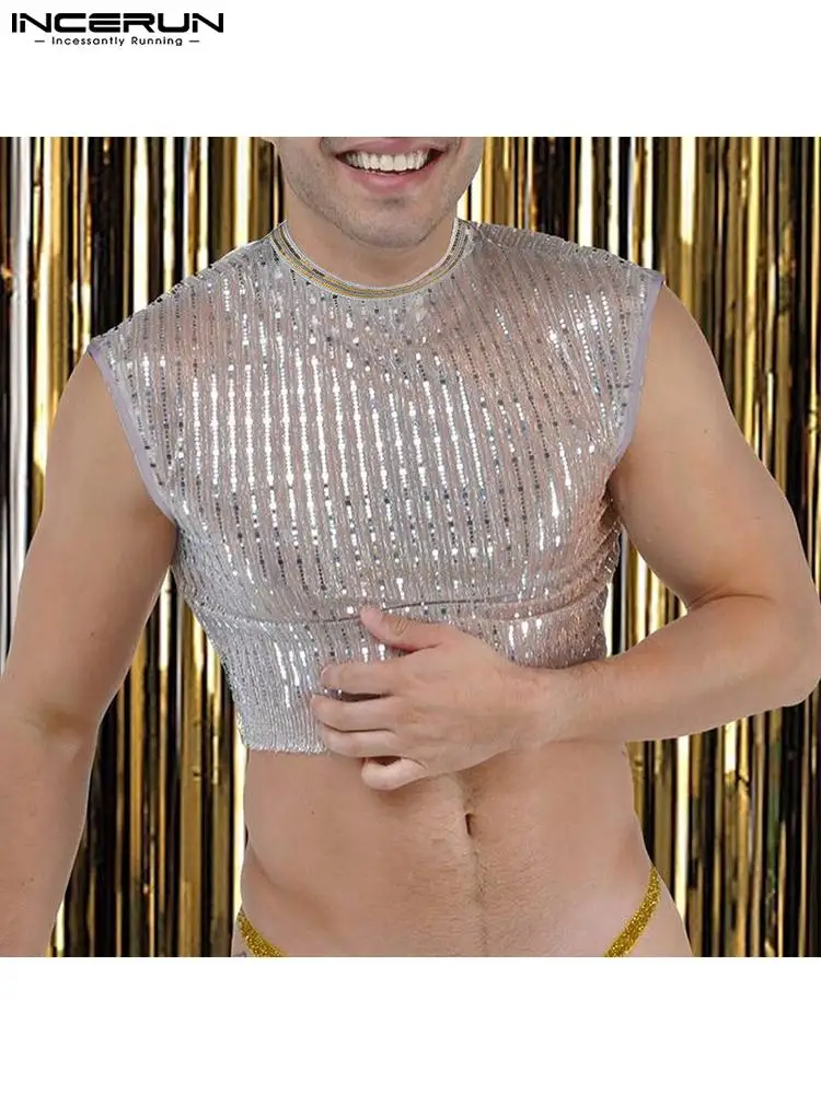

INCERUN Fashion Men Tank Tops Mesh Patchwork Transparent Shiny O-neck Sleeveless Sexy Crop Tops 2022 Streetwear Men Vests S-5XL
