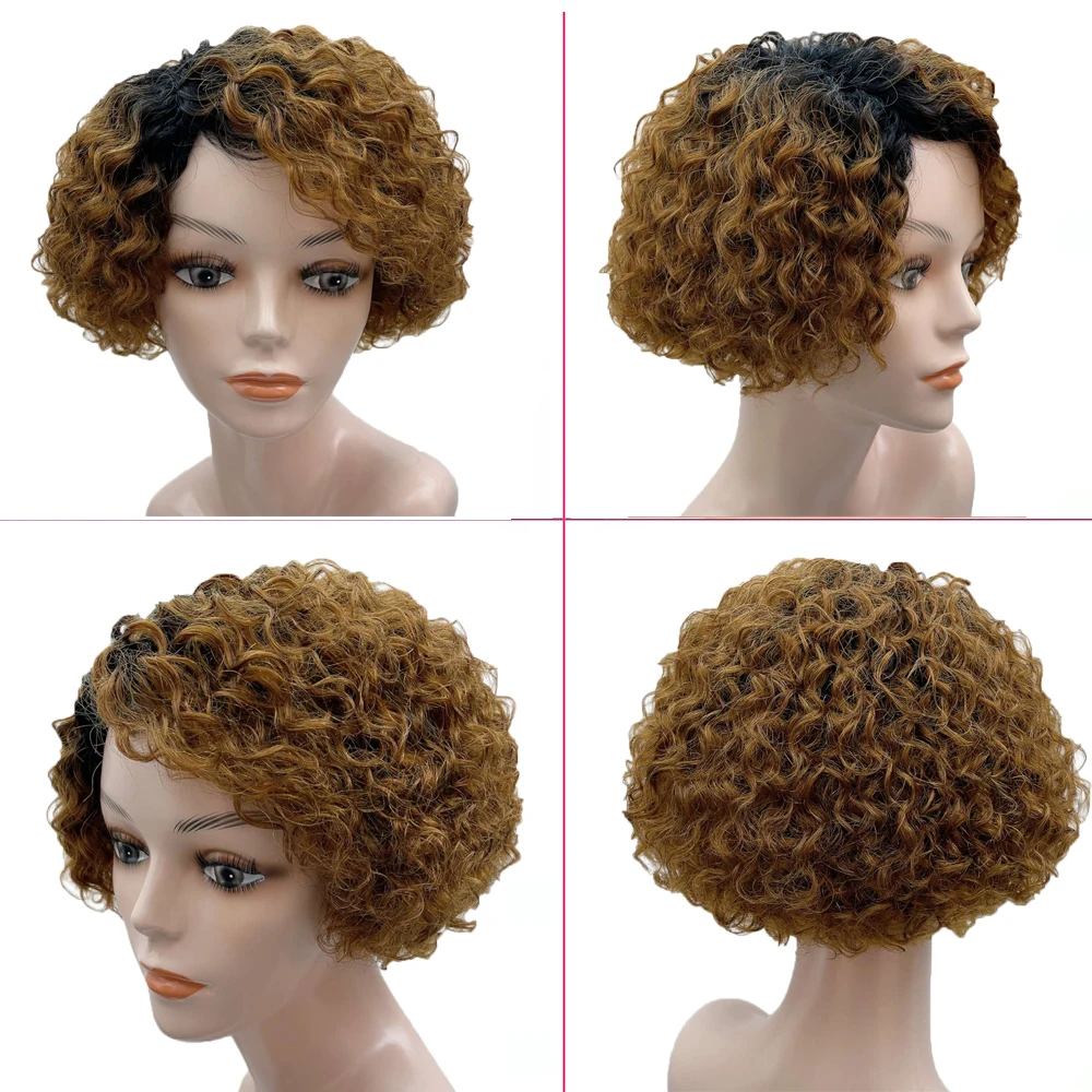 Short Curly Pixie Cut Human Hair Wigs for Women Brazilian Remy Hair Glueless Side Part Made Machine Human Wigs Natural Black