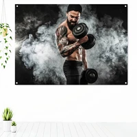 muscular young fitness sports man workout with dumbbell in fitness poster wall art decorative banner flag tapestry gym decor b2