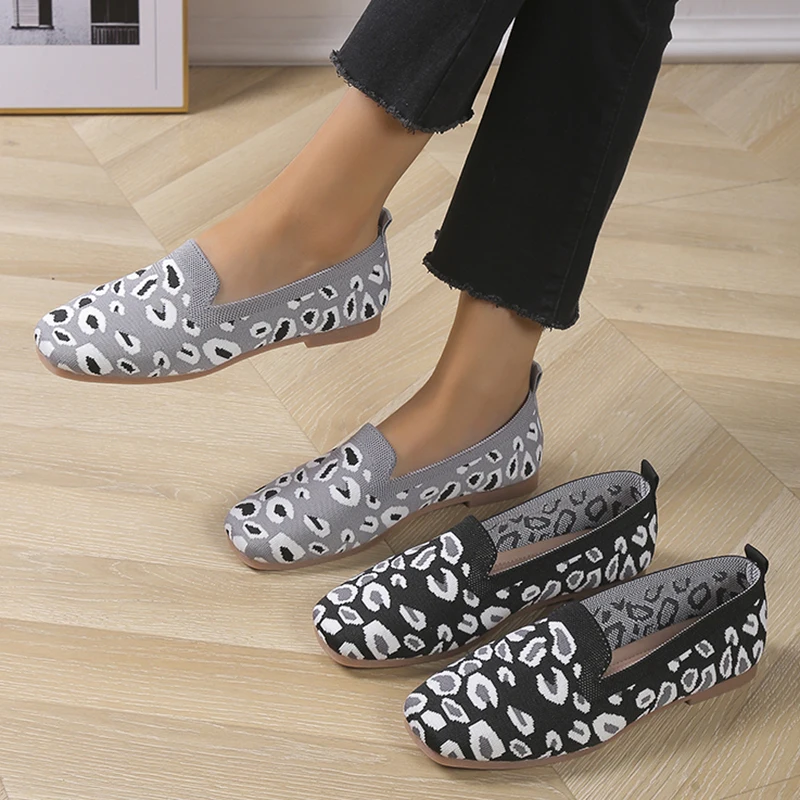 

Leopard Pumps Women Square Toe Knitting Flat Shoes Breathable Slip-on Loafers New Light Cozy Bean Shoes Casual Flat Shoes Women