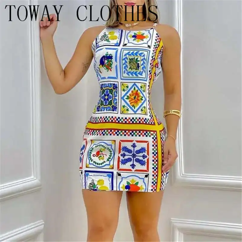 

Женское летнее платье без рукавов, облегающее мини-платье с принтом из сплава, повседневные платья для отпуска, 2022