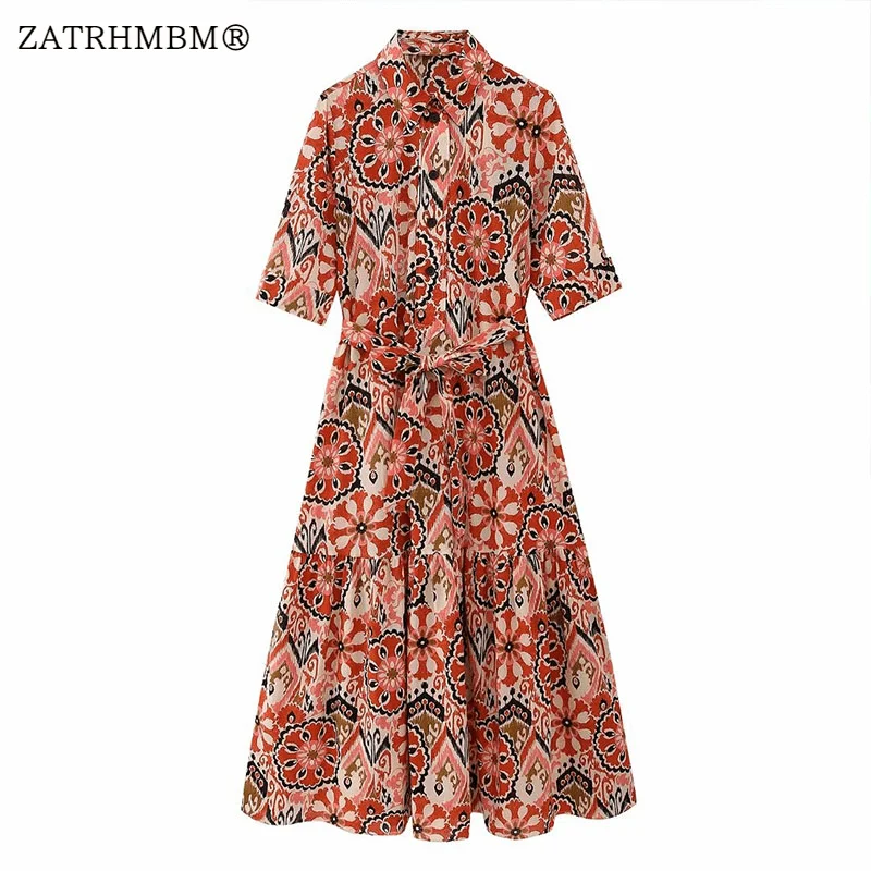 

Платье ZATRHMBM женское с поясом, модное винтажное на пуговицах, с принтом, с коротким рукавом, лето 2023