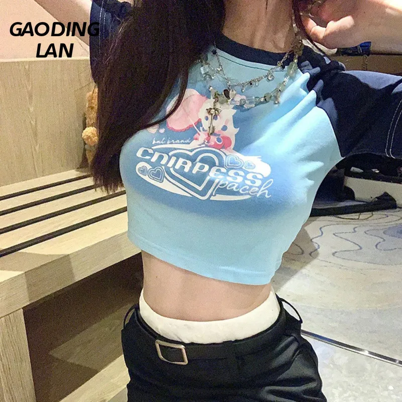 

Gaodinglan Pure Modal Cotton Harajuku Print Women T-shirts Short Sleeve High Street Summer Tops Expose Navel Sexy Tees Female