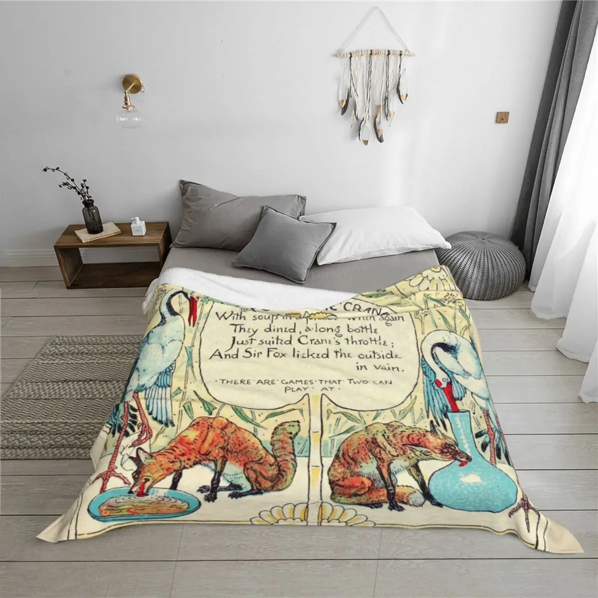 Фото RED FOX AND THE CRANE Art Nouveau Aesop Fables Плед для дивана Симпатичные лохматое одеяла для сна №3