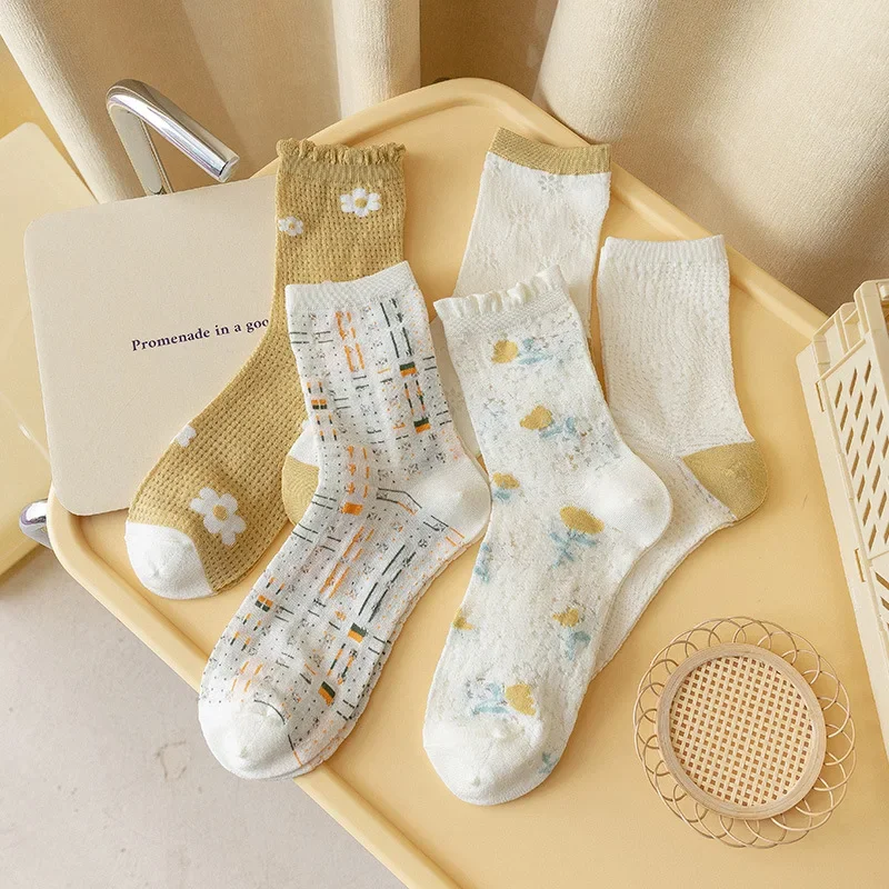 

Women's Mesh Socks Yellow Mid Tube Socks Lace Socks Cute Little Flower Socks