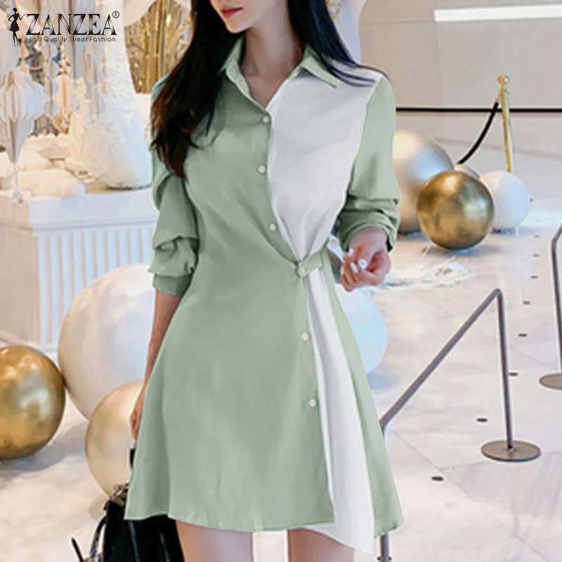 

ZANZEA Women Long Sleeve Office Lady Shirt Dress Spring Lapel Neck Work Vestidos Casual Sundress Elegant Patchwork Mini Dress