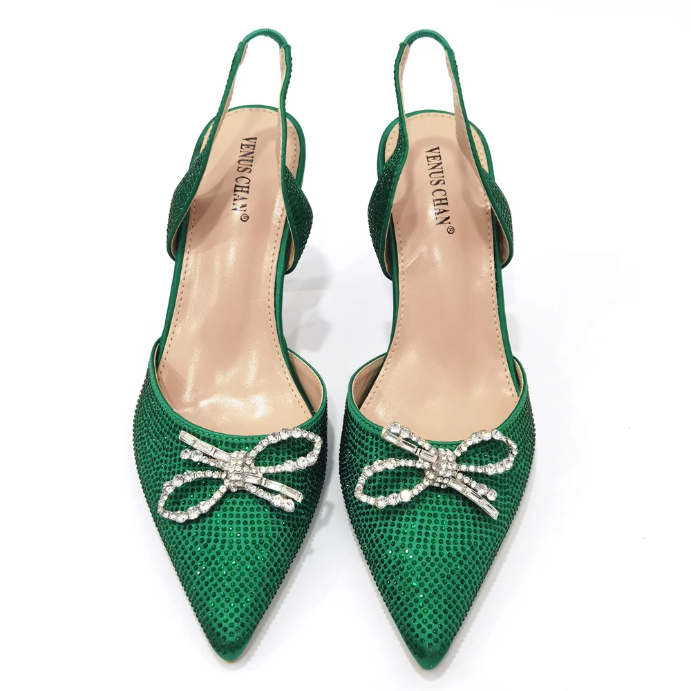 Venus Chan Latest 2023 New Green Pointed Flash Diamond Decorative High Heels Elegant And Delicate Party Ladies Shoes And Bag Set