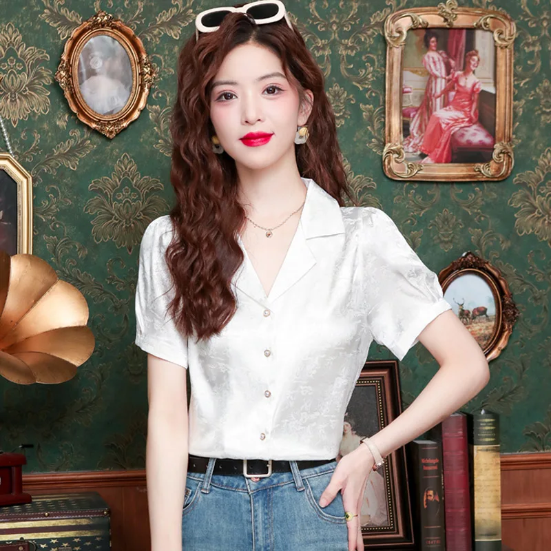 Летняя новая женская рубашка с коротким рукавом и английским воротником