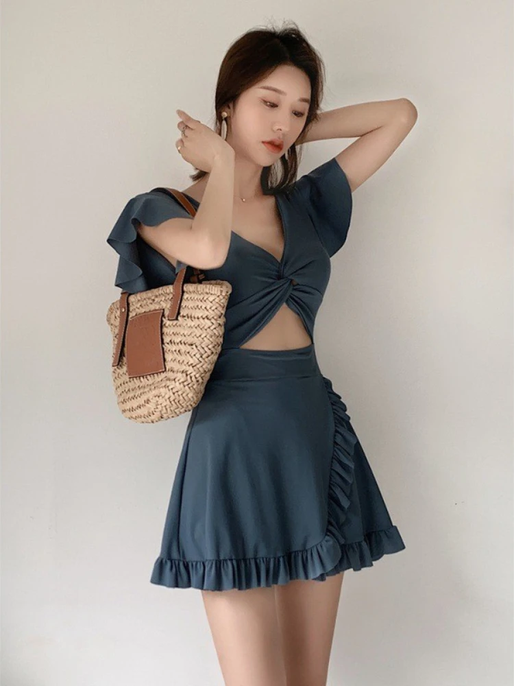 Женский костюм для плавания корейское облегающее платье с открытой спиной