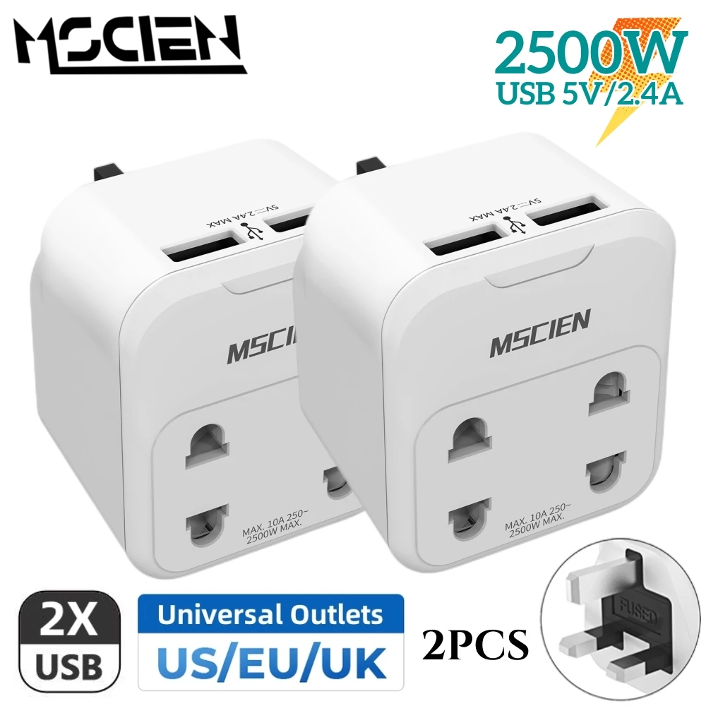 

MSCIEN UK Plug USB Charger Adapter For Phone Laptop Universal Wall Power Adapter US EU Sockets Travel Converter Power Strip 2PCS