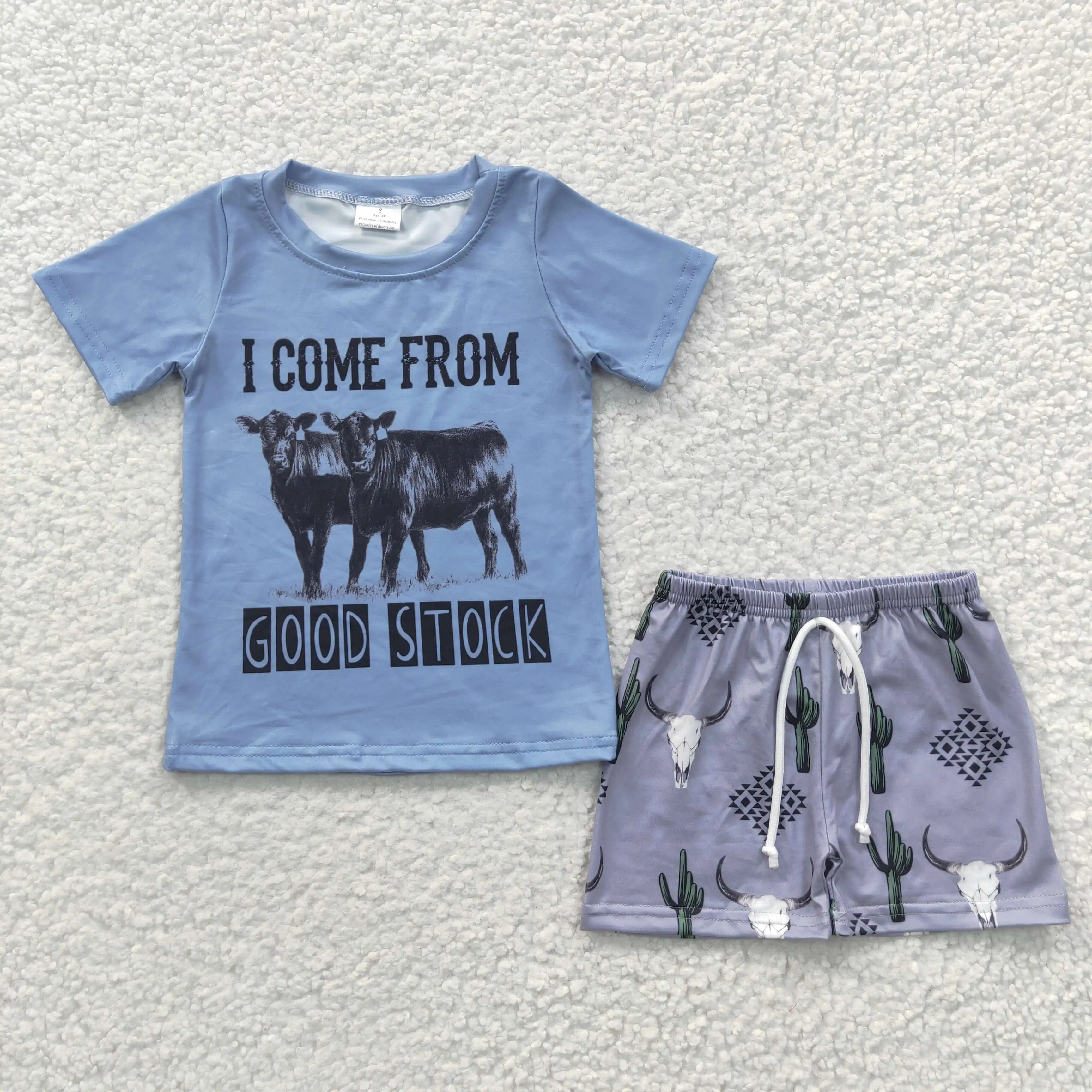 

Baby Boys Good Stock Cow Outfits Boutique Summer Clothing Kids Short Sleeves Shirt Gray Shorts Children High Quality Blue Sets