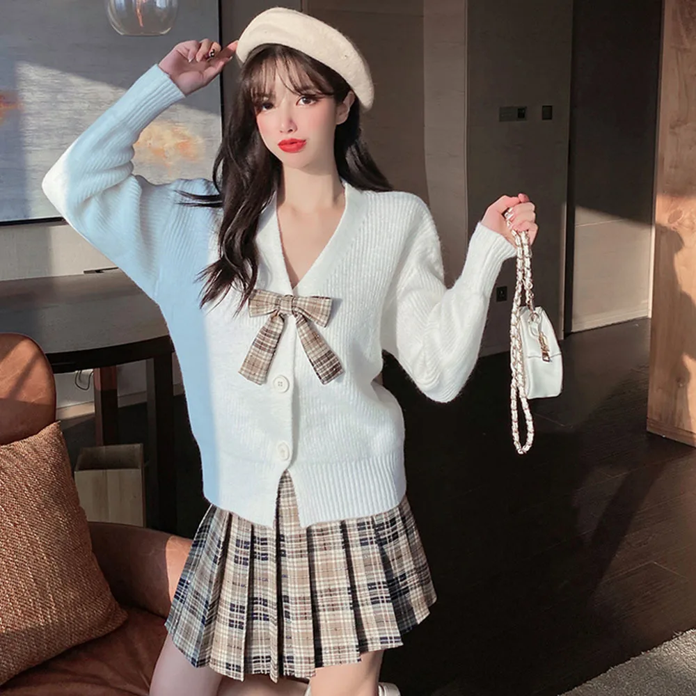 

College style Japanese sweet bowknot knitted cardigan sweater coat + plaid pleated skirt two-piece sets