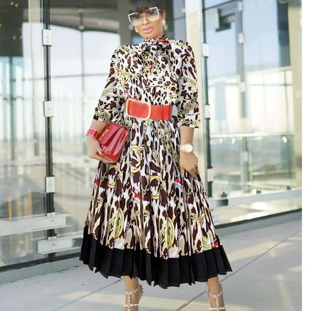 

Office Dress Printed Black Business Casual Commuter Ninth Sleeve Long High Waist Pullover Dress Spring Summer 2022 Africa Dress