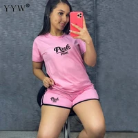 women pink letter print casual set short sleeves top and shorts two piece sets sporty fitness 2 pcs outfits 2022 summer new