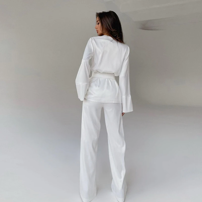 Autumn Satin Robe Sets  For Women Solid Color Pajamas Full Sleeves Women's Home Clothes Trouser Suits Nightgowns Loungewear