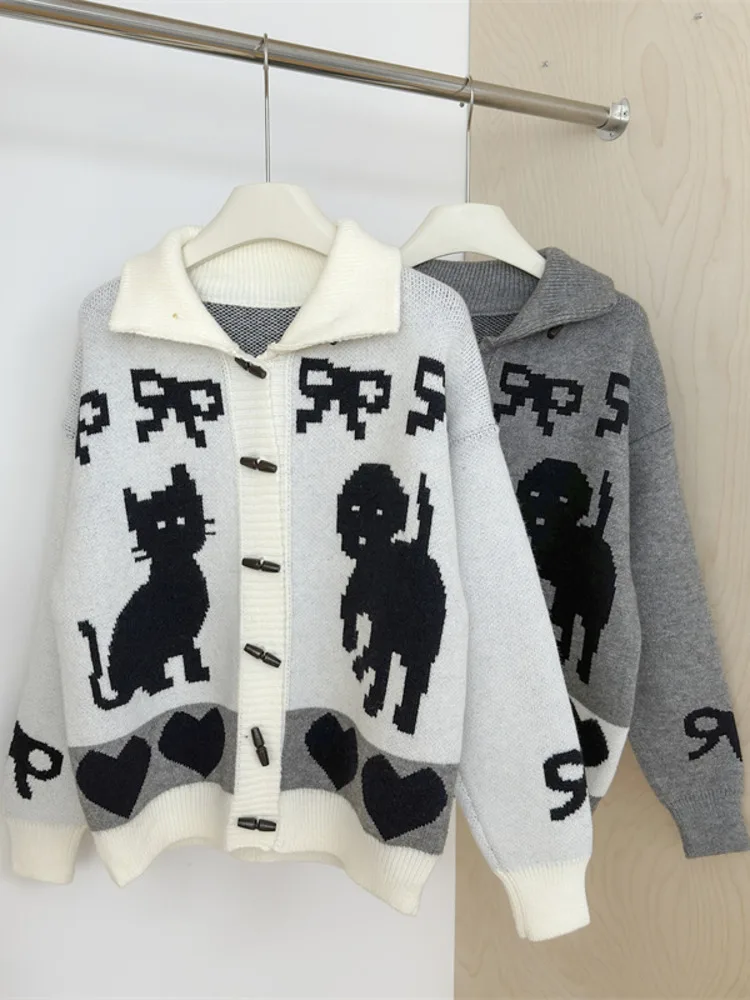 Женские вязаные кардиганы с рисунком кота в стиле ретро корейский шикарный