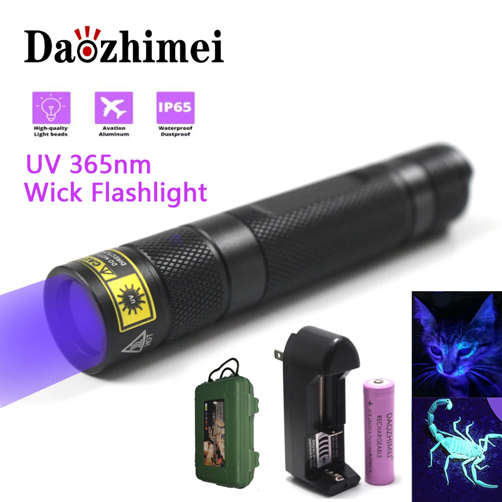 

DAOZHIMEI UV 365nm LED Flashlight 18650 Ultraviolet Torch Ultra Violet Light Black 10W 365nm UV LED In Side OP Reflector