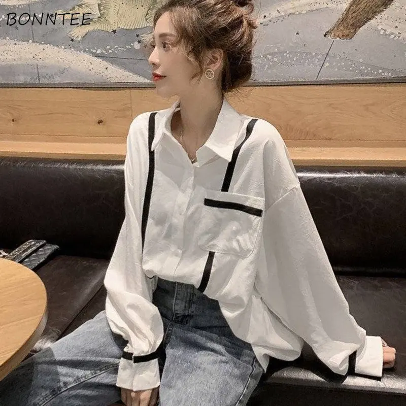 

Baggy Shirts Women Preppy Temper Aesthetics Panelled Designer Korean Fashion Clothing Long Sleeve Spring Streetwear Рубашки Cozy