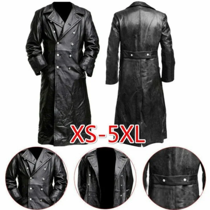 

MEN'S GERMAN CLASSIC WW2 MILITARY UNIFORM OFFICER BLACK REAL LEATHER TRENCH COAT